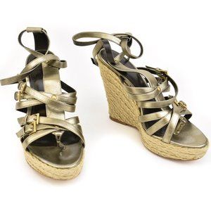 BURBERRY Pewter Leather & Buckle Wedge Sandals